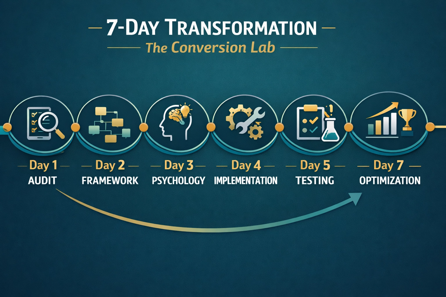 7-day transformation: audit, framework, psychology, implementation, testing, optimization